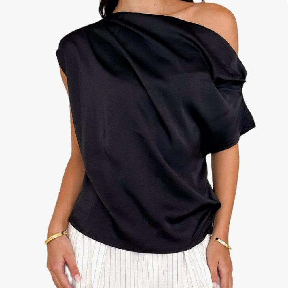 Silk Short Sleeve Shirts One Shoulder Crew Neck Blouse